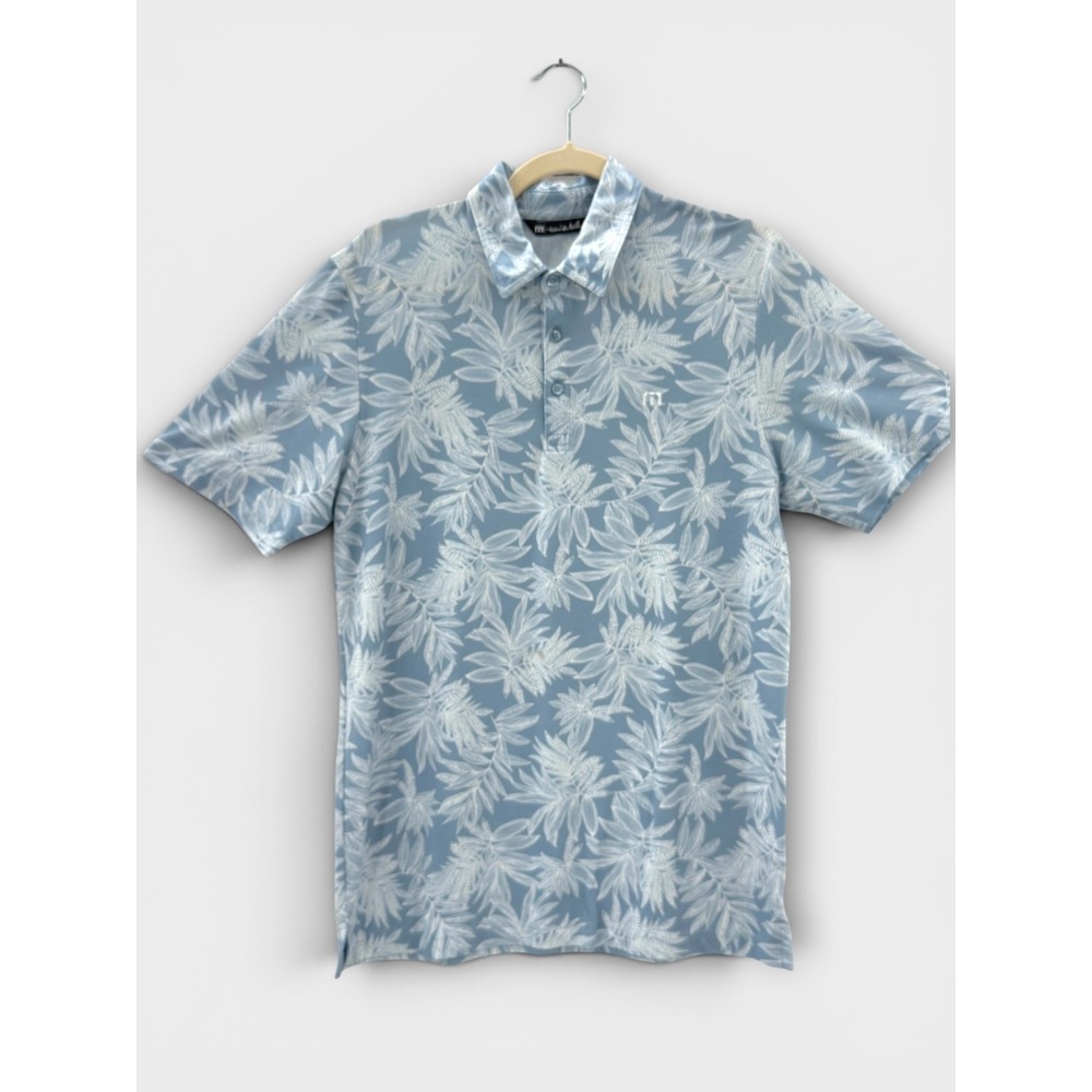 TravisMathew Polo Shirt Mens Medium Blue Tropical Golf Casual Stretch Tropical